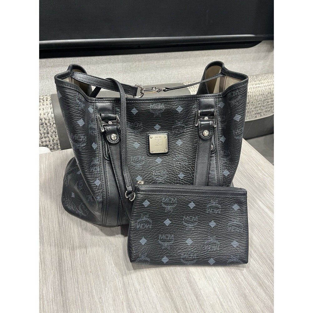 MCM Black Visetos Monogram Shopper Tote Bag with Removable Pouch G1883